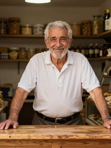 Warm editorial portrait of an elderly shopkeeper smiling behind a wooden counter in a traditional Villena bakery, soft natural window light, 35mm