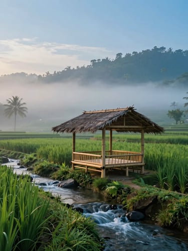 Cinematic shot of a minimalist bamboo pavilion overlooking misty green rice terraces in Sidemen at dawn, slow-shutter water in a nearby stream, 35mm lens