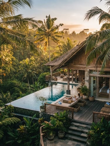A high-end architectural villa integrated into the lush green jungle canopy of Ubud, golden hour light filtering through palm leaves, 35mm lens