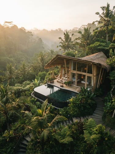 Cinematic photography of a minimalist bamboo villa integrated into the lush Ubud jungle, soft morning mist, golden hour light, 35mm lens