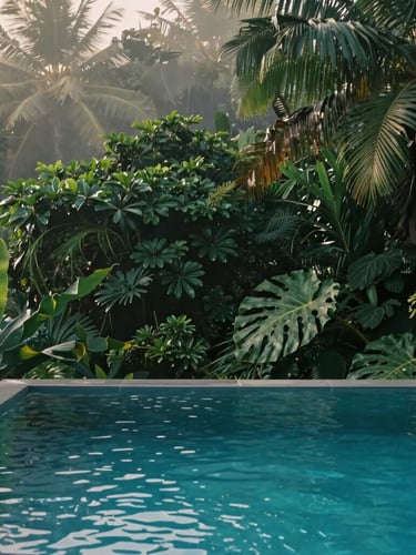 Minimalist architectural pool integrated into lush tropical jungle, misty morning light, deep emerald tones, rich textures, 35mm lens