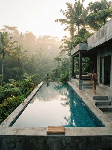 A serene minimalist concrete villa pool in Ubud surrounded by lush tropical palms, morning mist, golden hour lighting, 35mm lens
