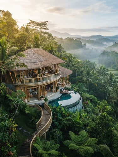 Cinematic wide shot of a modern bamboo villa integrated into a misty jungle canopy in Sidemen, soft morning light, 35mm lens.