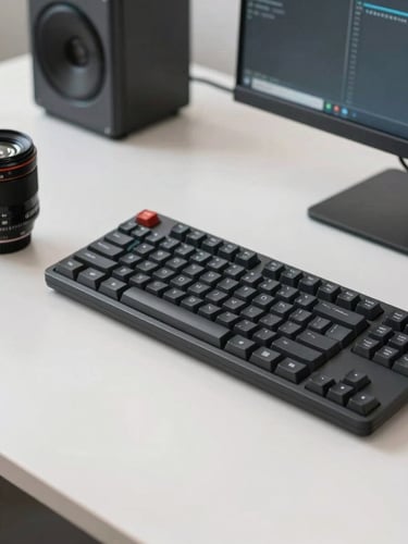 A technician's workspace with diagnostic tools and a mechanical keyboard, natural office daylight, crisp editorial photography, 35mm lens