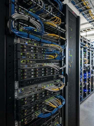 Close-up of server racks with clean wiring, glowing status lights, crisp editorial photography, natural office daylight, sharp focus