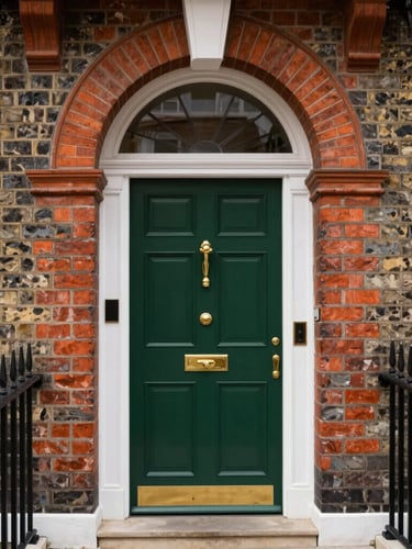 A grand Edwardian timber-alternative front door in deep forest green with polished brass hardware, framed by a classic brick archway in North London, soft overcast daylight, 35mm