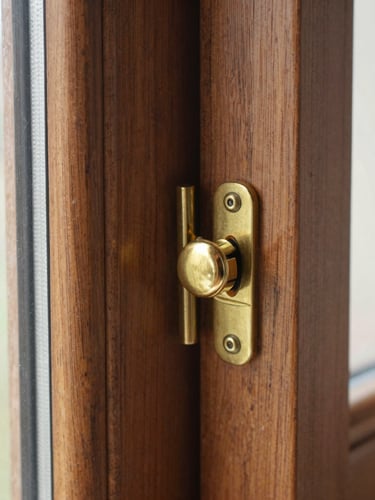 A detailed macro close-up of a premium timber-alternative window joint, showing authentic wood-grain texture and a polished brass sash fastener under soft natural daylight.
