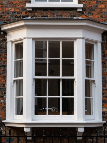 Straight-on architectural photo of a Victorian bay window with white timber sash frames, soft English afternoon light, brick facade.
