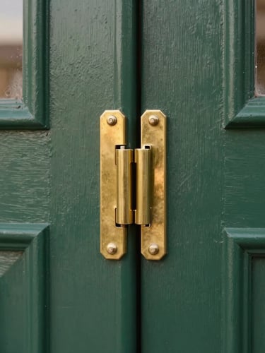 Detailed close-up of a robust multi-point brass locking mechanism integrated into a dark green door frame, warm natural light