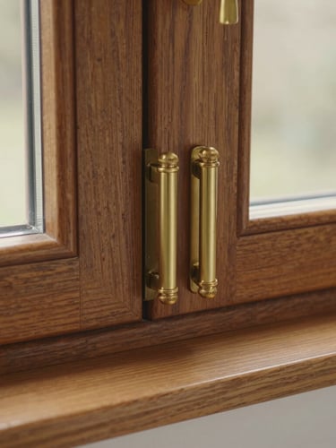 Close-up of a timber-alternative window joint with elegant brass hardware, showing detailed woodgrain texture, warm editorial photography, soft natural English daylight, 35mm