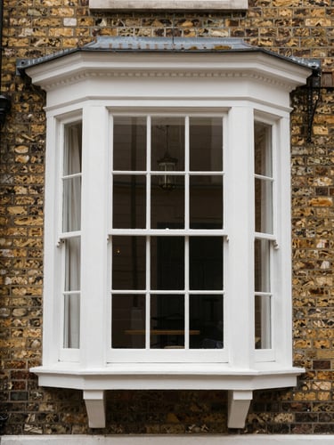 Straight-on architectural photograph of a restored Victorian bay window with white timber-alternative sash frames, soft natural overcast daylight, warm brick facade.