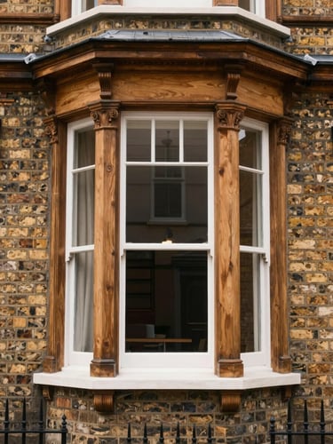 A straight-on architectural photograph of a classic Edwardian bay window with elegant timber sashes, framed by warm brickwork under soft overcast English daylight.