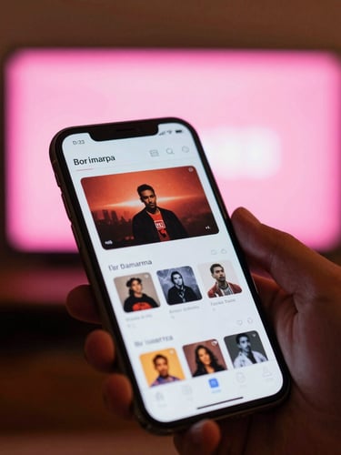 Close-up of a hand holding a smartphone displaying a music streaming interface, warm ambient neon pink glow from a TV screen in the background, cinematic 35mm photography.