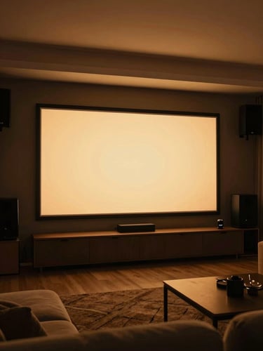 Cozy home theater setup with a glowing TV screen in a dimly lit living room, warm ambient projection light, rich saturated tones, cinematic photography, 35mm lens