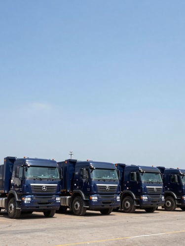 Low-angle heroic wide shot of a pristine fleet of deep navy heavy-duty trucks and yellow excavators parked in a clean, organized Lagos staging bay under bright daylight.