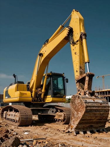 Low-angle heroic wide shot of a pristine yellow excavator working in a sun-drenched Lagos construction site, sharp focus, 35mm lens.