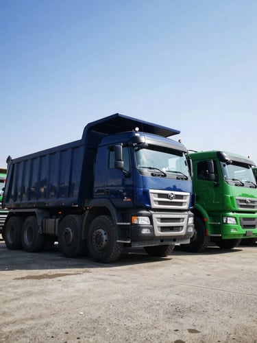 Low-angle heroic wide shot of a line of brand-new heavy-duty dump trucks and trailers parked in a clean Apapa bay, bright high-contrast daylight with deep shadows.