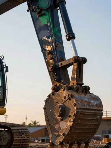 Close-up of industrial excavator joint in active construction site, dramatic golden hour lighting, sharp focus, 35mm lens