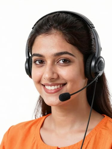 Bright high-key studio shot of a smiling Pakistani customer support agent with headset, clean white background, vibrant orange details, professional lighting.