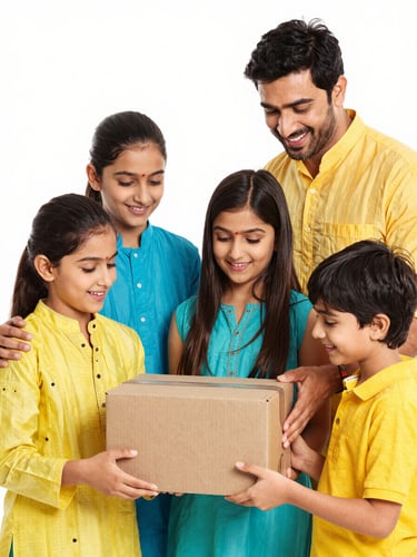 Bright studio portrait of a happy Pakistani family unboxing a delivery package together, warm expressions, crisp high-key lighting, vibrant colors