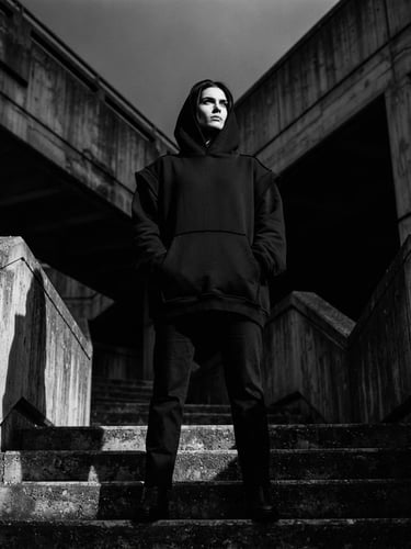 Low angle dramatic shot of a model standing in a raw concrete urban environment, wearing an oversized heavyweight black hoodie with structured drop shoulders, sharp side-lighting, deep shadows, 35mm film.