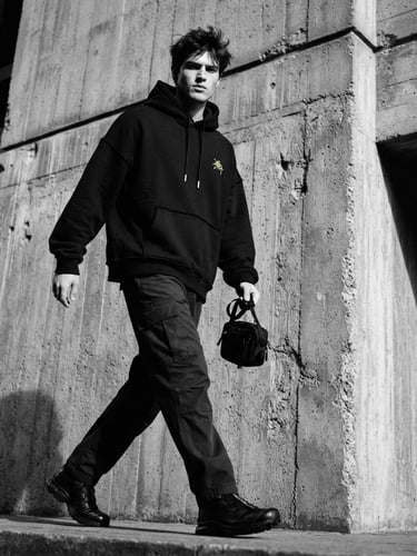 Low-angle dynamic fashion photography of a model wearing a heavy-weight black drop-shoulder hoodie against a raw concrete brutalist wall, sharp side-lighting, 35mm film.