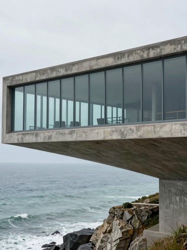 Perfect architectural alignment, a sharp cantilevered concrete structure over an ocean cliff in Kent, overcast daylight, level framing, architectural glass.