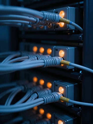 Macro close-up of clean server rack cabling with dramatic low-key blue shadows and sharp safety-orange indicator lights, 35mm photography