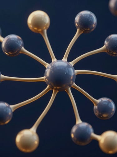 High-resolution digital render of molecular pathways in the central nervous system, cool laboratory light with subtle gold accents, macro framing, deep navy background.