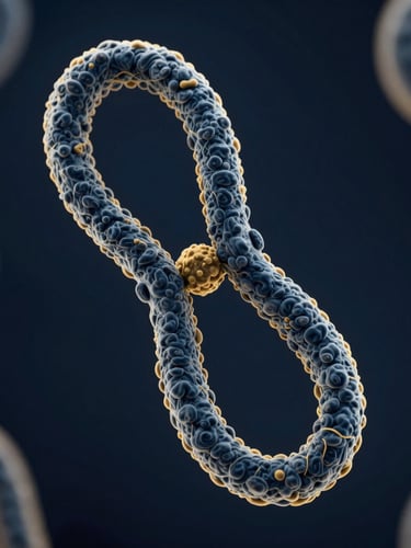 Crisp 3D scientific render of a chromatin loop structure, dark-field microscopy illumination, deep navy and gold tones, high-contrast macro focus, clinical laboratory aesthetic.