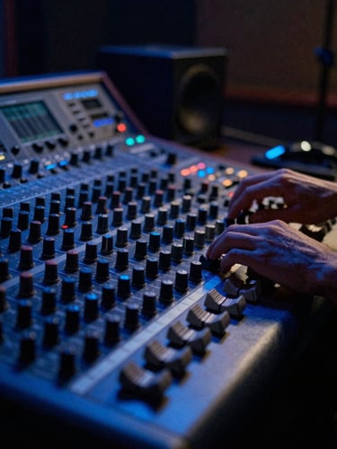 Low-angle cinematic shot of a modern music producer working at an analog mixing console, dramatic cobalt blue and amber backlighting, deep shadows, 35mm film grain
