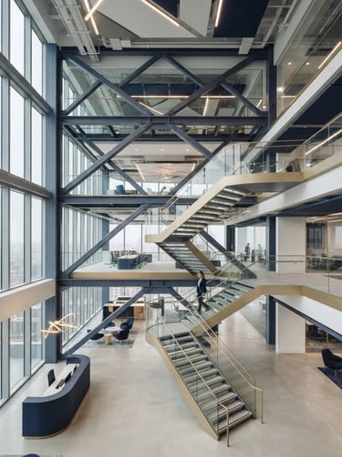 Wide shot of a modern, clean-lined corporate office interior, abstract structural geometry of steel and glass, soft overcast daylight through large windows, muted navy and champagne gold tones, sharp focus, 35mm lens