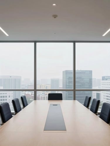 Modern, clean-lined corporate office interior, featuring a long conference table and large windows overlooking a city, soft natural light, minimalist design, symbolizing professionalism and stability.
