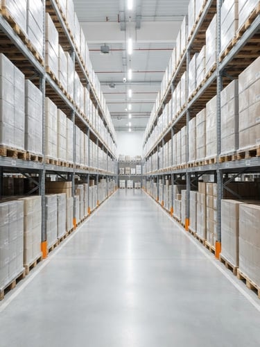 Wide shot of a clean, highly organized warehouse aisle with stacked pallets of neutral-toned product boxes, bright diffused studio lighting, cool grey and white tones, no people.