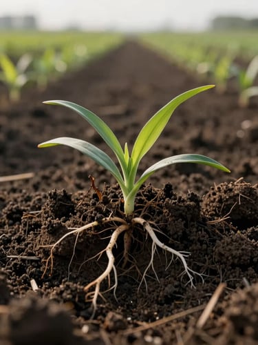 Macro shot of dark, nutrient-rich soil with visible root structures and green sprouts, high-contrast morning light, cinematic agricultural crop field in background.
