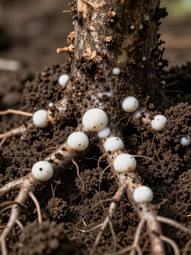 Extreme macro shot of dark nutrient-rich porous soil with active white biological nodules on a strong root system, natural high-contrast morning light highlighting earth textures