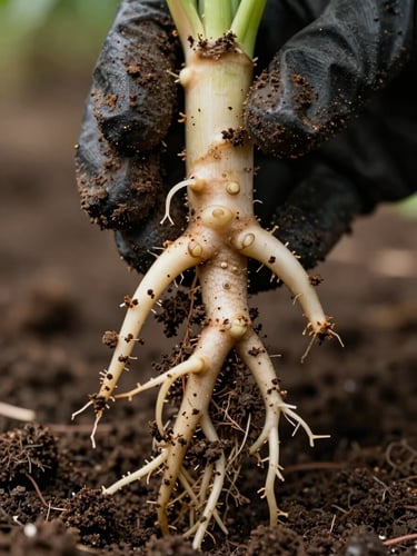 Extreme close-up of a strong, healthy crop root system with active biological nodules, held by gloved hands showing dark, rich, porous humus soil, natural daylight.