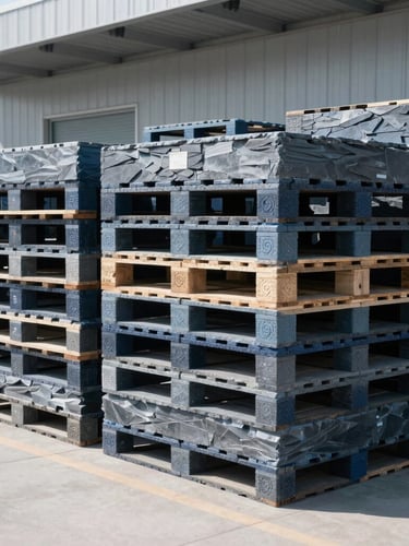 Crisp industrial photography of a clean, modern logistics terminal, neatly stacked pallets under natural daylight, cool slate tones, 35mm