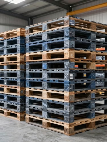 Crisp industrial photography of a clean warehouse interior, neatly stacked pallets on tall steel racks under natural daylight, cool slate tones, 35mm wide angle