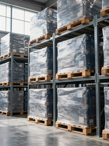 Wide environmental shot of an organized modern logistics hub, towering steel racks with neatly wrapped pallets, crisp daylight streaming from high windows, cool slate and navy tones, sharp focus, 35mm