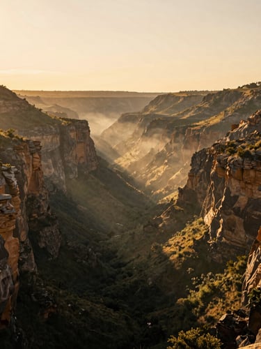 A majestic wide shot of Santa Catarina canyons during golden hour, soft mist rising from the valley, warm editorial photography style, 35mm lens