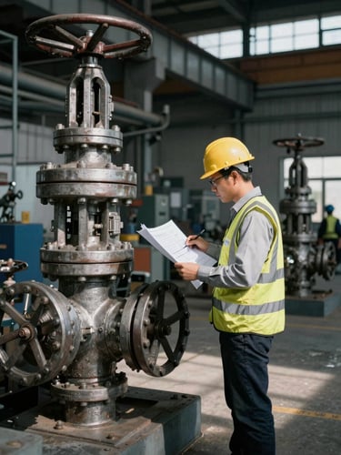 An industrial inspector in safety gear and hardhat reviewing a technical blueprint next to a large steel valve assembly, high-contrast shadows, 35mm documentary style.