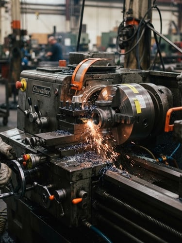 Close-up documentary photography of a heavy industrial lathe machining a steel valve component, high-contrast shadows, safety orange markings, sharp 35mm focus.