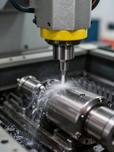 Close-up of a precision aerospace component being milled by a CNC machine, coolant spraying, sharp focus on the metal cuts, natural high-contrast factory lighting.