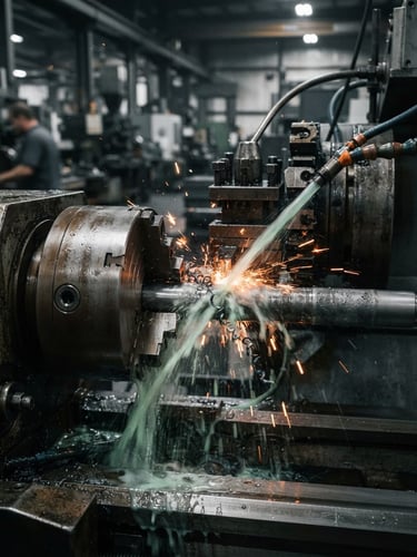 Close-up of a precision CNC lathe cutting steel with coolant spray, industrial documentary style, desaturated slate tones with safety orange sparks