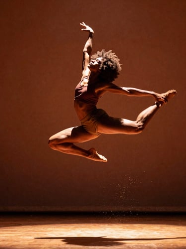 Dynamic action shot of an Afro-Brazilian dancer mid-leap, warm theatrical side-lighting casting deep shadows, golden dust particles in the air, rich terracotta tones, 35mm film style.