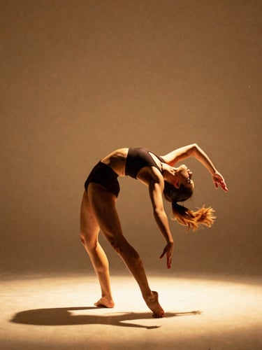 Warm editorial photography of a solo dancer in a dynamic back-bent pose, dramatic side-lighting casting golden shadows on sand-beige background, 35mm film grain.