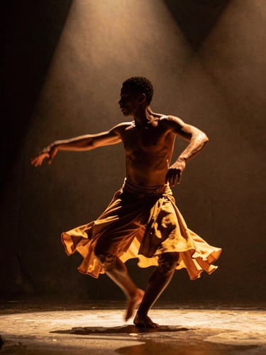 Warm editorial photography of a contemporary Afro-Brazilian dancer captured in mid-motion, dynamic motion blur, dramatic stage spotlighting, rich earthy and golden tones, 35mm film style.