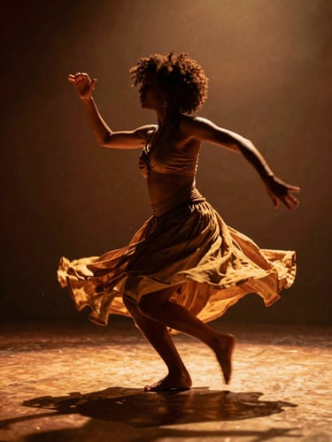 Dynamic Afro-Brazilian dancer in mid-motion, dramatic theatrical side-lighting, warm golden and terracotta tones, rich shadows, 35mm film style