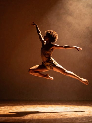 Dynamic wide action shot of a contemporary Afro-Brazilian dancer in mid-leap, dramatic theatrical side-lighting, warm golden and terracotta tones, intentional motion blur, 35mm film feel.